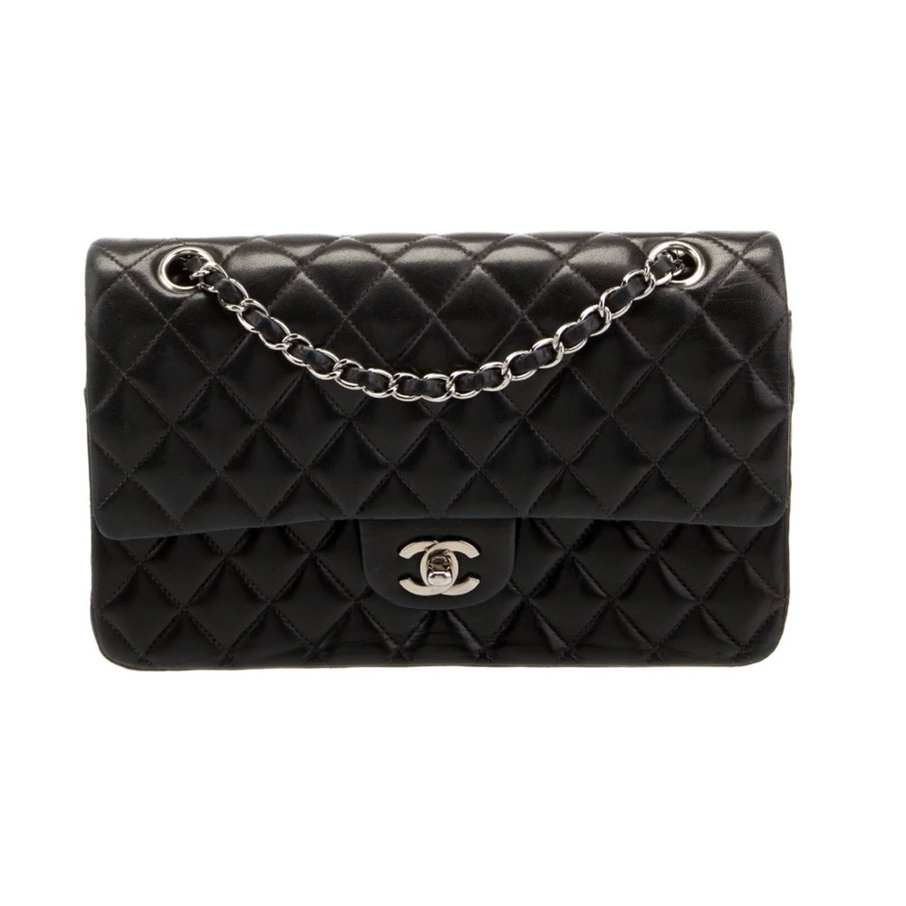 Chanel Medium Classic Double Flap Bag in Black Quilted Lambskin.
